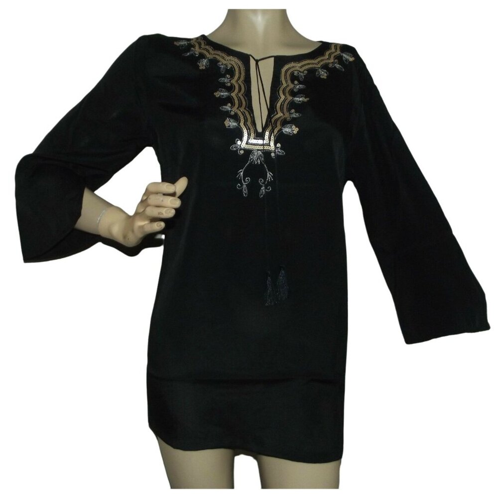 Tunic Shirt Womens Size Small Long Black V-Neck Silky Gold Sequin Embellished